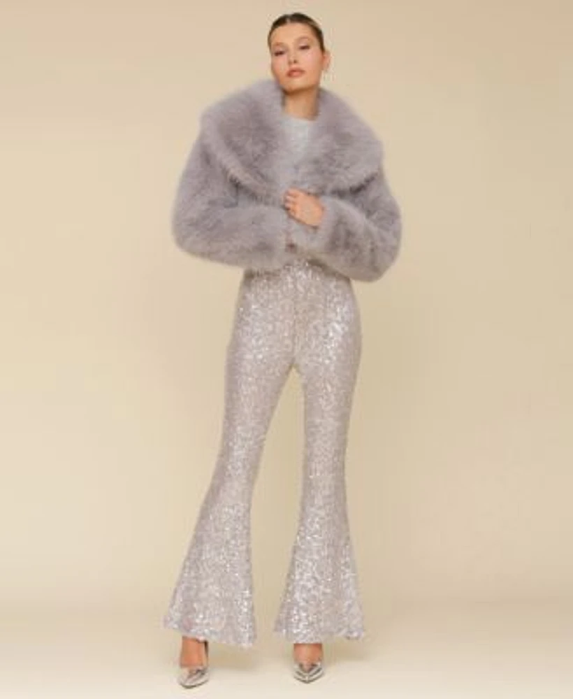 Avec Les Filles Faux Fur Cropped Jacket Faux Pearl Sweater Sequinned Pants