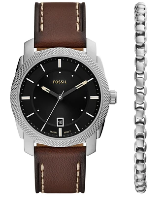 Fossil Men's Machine Three-Hand Date Brown Leather Watch and Bracelet Set, 42mm