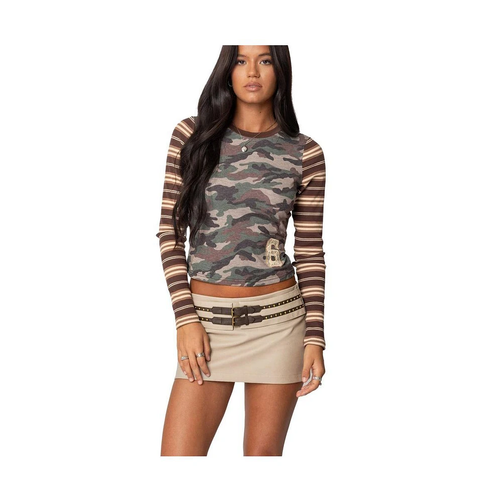 Edikted Women's Camo & Stripe Long Sleeve T Shirt