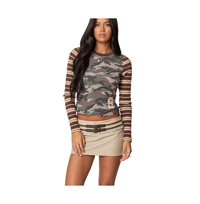 Edikted Womens Camo & Stripe Long Sleeve T Shirt