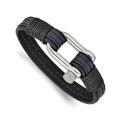 Chisel Stainless Steel Polished Shackle Black Blue Leather Bracelet