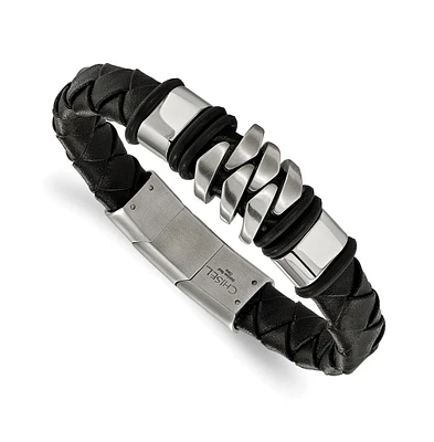 Chisel Stainless Steel Brushed Black Woven Leather Bracelet