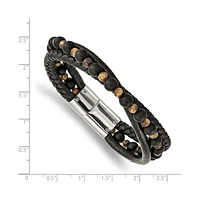 Chisel Stainless Steel Tiger Eye Black Agate Beaded Leather Bracelet