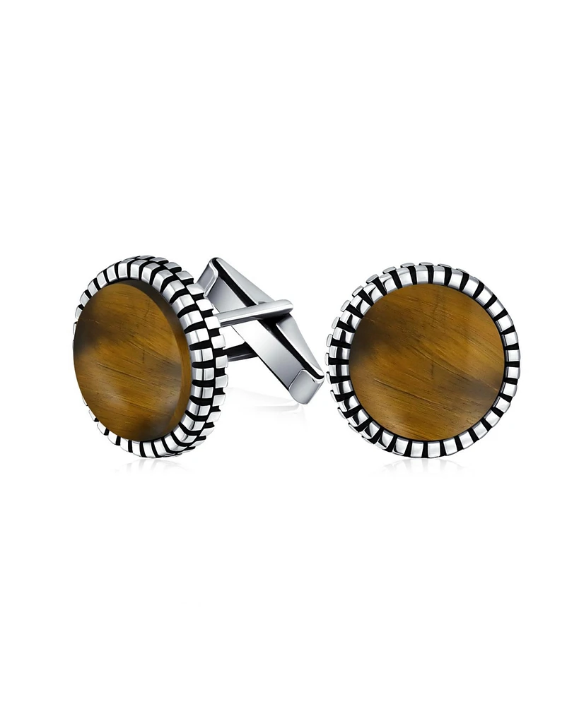 Bling Jewelry Classic Formal Geometric Blackened Pattern Edge Round Circle Natural Golden Brown Tiger Eye Shirt Cufflinks Bullet Hinge .925 Sterling S