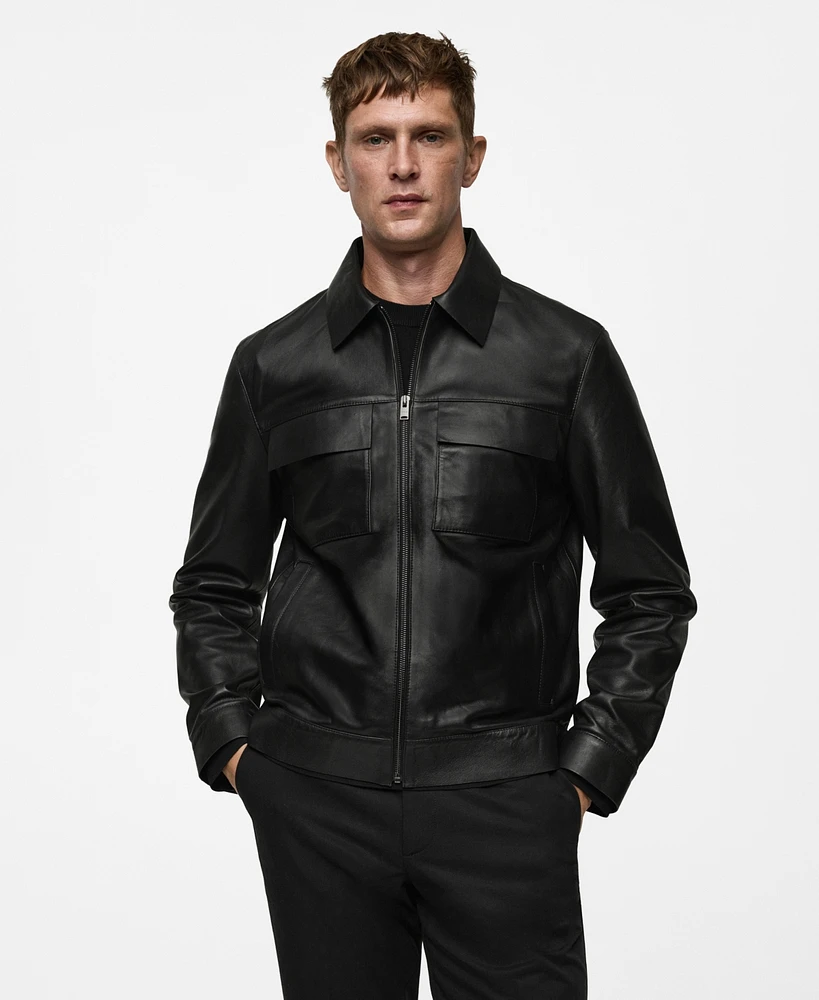 Mango Men's Pockets Detail Leather Jacket