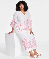 Charter Club Plus Embroidered Blouson-Sleeve Linen Shirt, Exclusively at Macy's