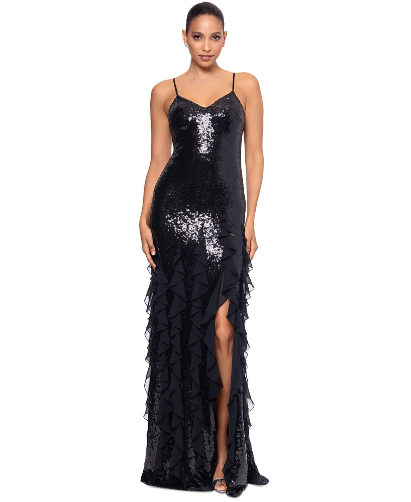 Betsy & Adam Women's Sequined Ruffled Gown