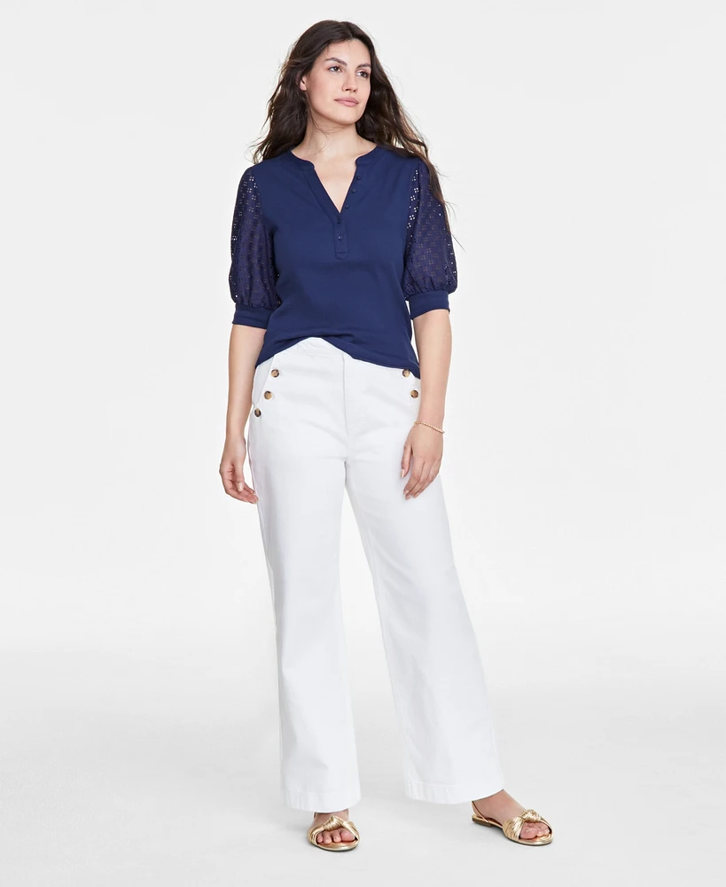 On 34th Women's White High Rise Sailor Wide-Leg Jean, Created for Macy's