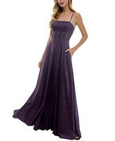 City Studios Juniors' Square-Neck Sleeveless Glitter Gown