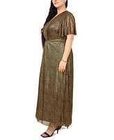 Msk Plus Shimmer-Dot V-Neck Flutter-Sleeve Gown