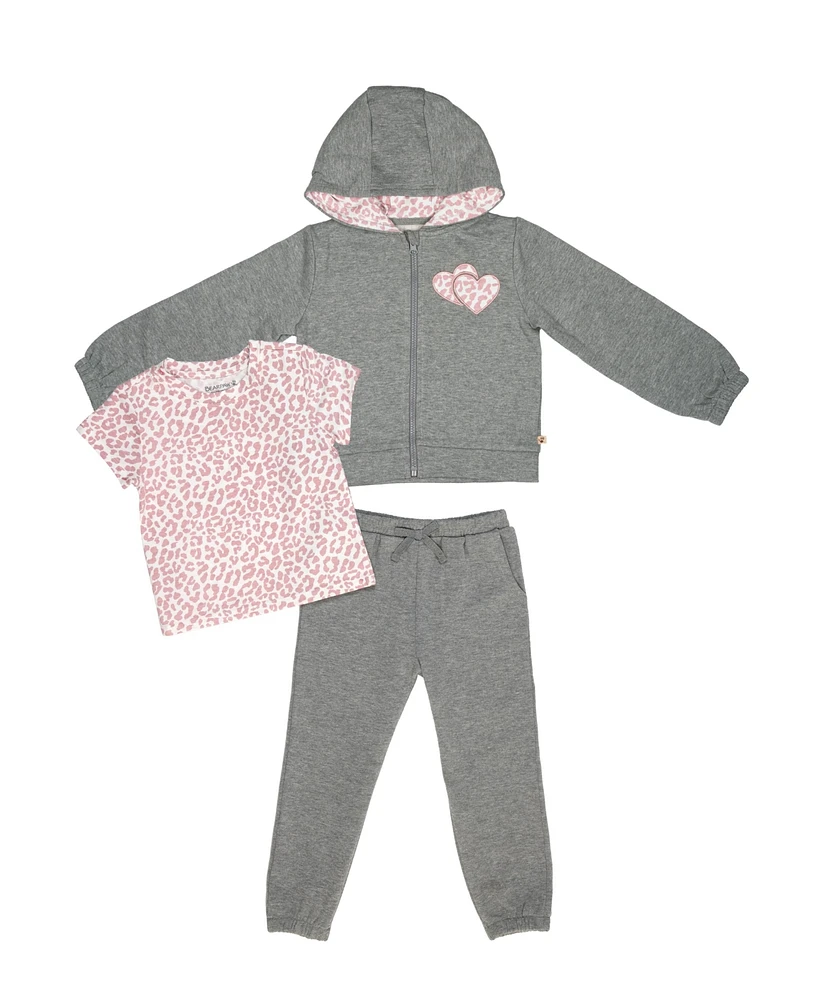 Bearpaw Girls 3 Piece Zip Up Hoodie, Tshirt, and Joggers Outfit Set