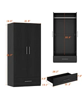 Famapy White 2-Door Wardrobe Armoire with 1-Drawers and Hanging Rod