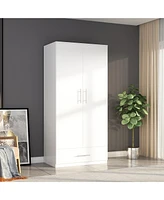 Famapy White 2-Door Wardrobe Armoire with 1-Drawers and Hanging Rod