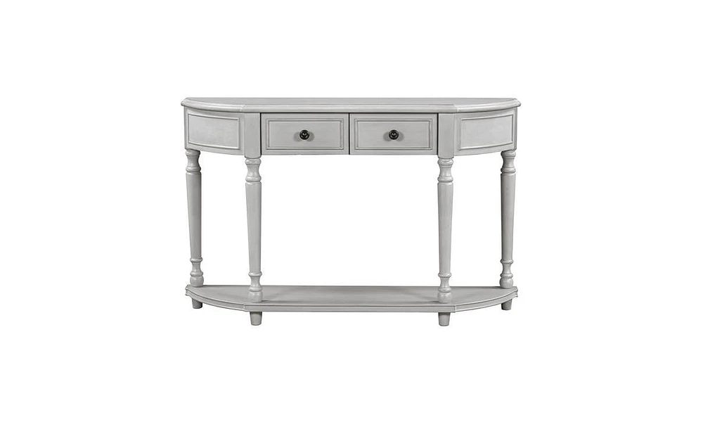 Slickblue Retro Circular Curved Design Console Table with Open Style Shelf Solid Wooden Frame and Legs Two Top Drawers