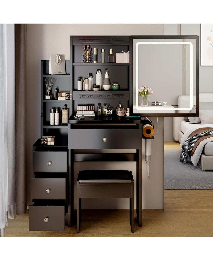 Slickblue Compact Bedside Cabinet Vanity Table with Cushioned Stool for Small Spaces