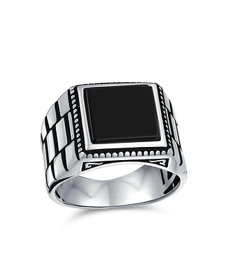 Bling Jewelry Watch Band Style Natural Black Onyx Statement Rectangle Signet Ring Silver