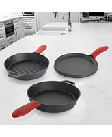 MegaChef Pre-Seasoned Cast Iron 3 Piece Set with Red Silicone Holders