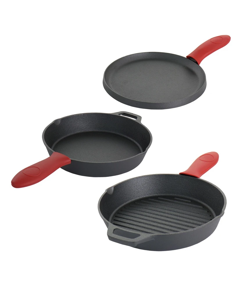 Megachef Pre-Seasoned Cast Iron 3 Piece Set with Red Silicone Holders