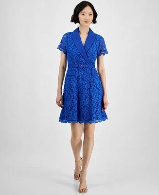 Tahari Petite Notch-Lapel Belted A-Line Lace Dress