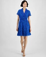 Tahari Petite Notch-Lapel Belted A-Line Lace Dress