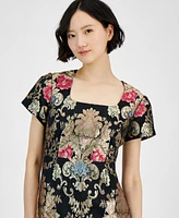 Tahari Petite Short-Sleeve Embellished Brocade Dress