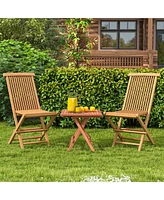 Costway 3PCS Patio Bistro Set Square Table Teak Wood Folding Chair Slatted Tabletop Seat