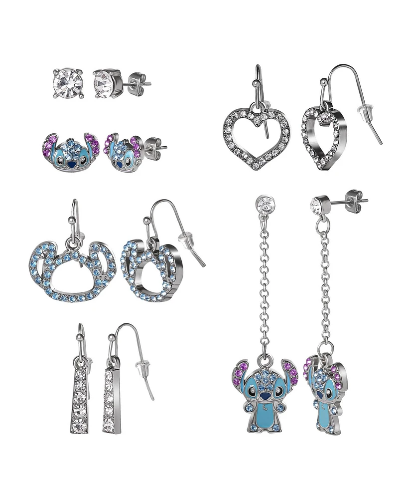 Disney Stitch Earrings Set - 6 Pairs, Silver-Plated with Crystals and Enamel, Drop and Stud Styles