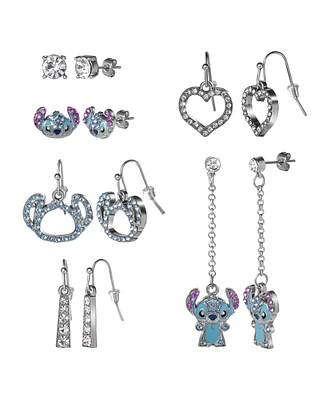 Disney Stitch Earrings Set - 6 Pairs, Silver-Plated with Crystals and Enamel, Drop and Stud Styles