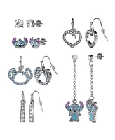 Disney Stitch Earrings Set - 6 Pairs, Silver-Plated with Crystals and Enamel, Drop and Stud Styles