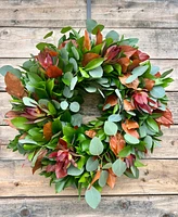 GreenishBlu Fall Ruscus, Silver Dollar Eucalyptus, Orange Salal and Red Safari Real Aromatic Wreath, 22"