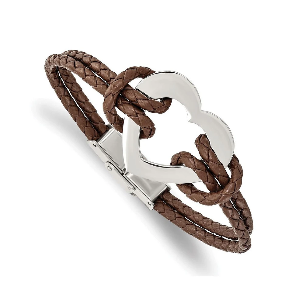 Chisel Stainless Steel Polished Heart Brown Braided Leather Bracelet