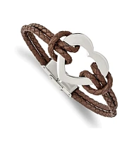 Chisel Stainless Steel Polished Heart Brown Braided Leather Bracelet