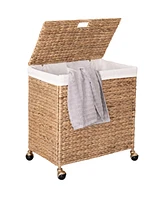 Seville Classics Double Handwoven Lidded Rolling Laundry Hamper with Gold Sphere Casters