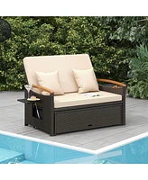 Patio Rattan Daybed Set with Cushioned Loveseat & Storage Ottoman for Porch