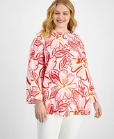 Charter Club Plus Printed Linen Tunic, Exclusively at Macy's