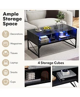 Gymax High-gloss Led Coffee Table w/ Faux Marble & Tempered Glass Top 4 Storage Cubes White