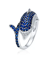 Bling Jewelry Pave Navy Blue Cubic Zirconia Bypass Dolphin Band Ring Black Silver Plated Brass