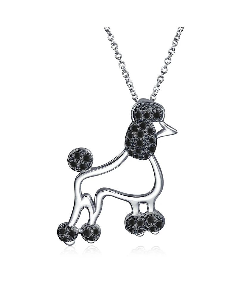 Bling Jewelry Bff Pink Cubic Zirconia Black Pave Cz Proud Puppy Pet Dog Elegant Poodle Pendant Necklace For Women .925 Sterling Silver