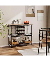Costway 3 Tiers Bar Cart Home Serving on Wheels with Glass Racks Wine Holders