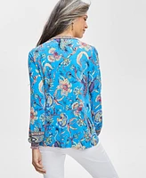 Jm Collection Women's Printed Split-Neck Long-Sleeve Top, Created for Macy's