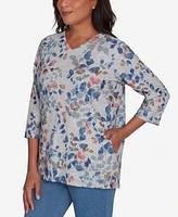 Alfred Dunner Petite Casual Fridays Watercolor Leaves V-Neck Top