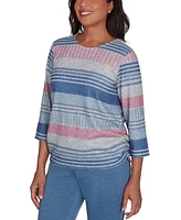 Alfred Dunner Petite Casual Fridays Ruched Striped Crew Neck Top