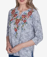 Alfred Dunner Petite Harvest Moon Textured Floral Embroidered Split Neck Top