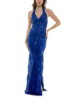 B Darlin Juniors' Sequined Halter V-Neck Open-Back Gown