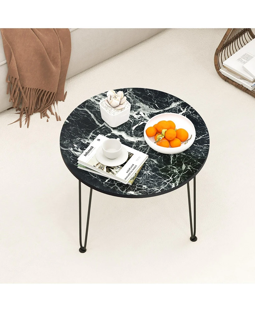 Gymax Small Round Coffee Table w/ Thickened Tabletop & Metal Tripod Legs Faux Marble