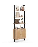 Costway Pcs Ladder Bookshelf with Rattan Cabinet 71" Tall Wall Mounted Bookcase