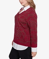 Ruby Rd. Plus Metallic Floral Layered Shirt Collar Sweater