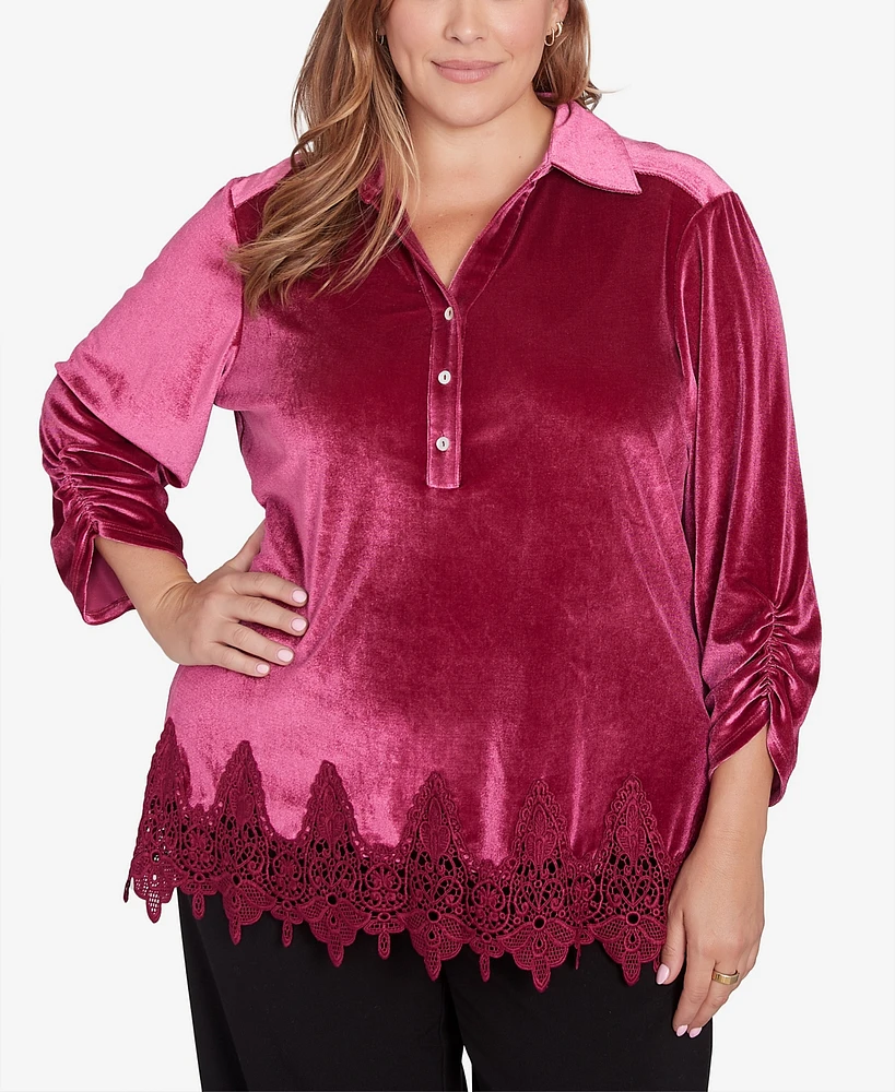 Ruby Rd. Plus Stretch Velvet Lace Trim Top