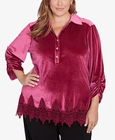 Ruby Rd. Plus Stretch Velvet Lace Trim Top