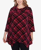 Ruby Rd. Plus Split Cowl Neck Plaid Chenille Ribbed Knit Top